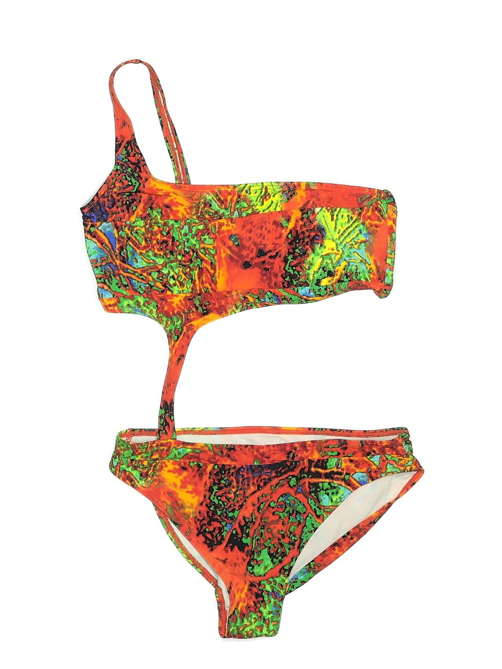 One-Shoulder Neon Abstract Cutout One-Piece Swimsuit - Orange/Green